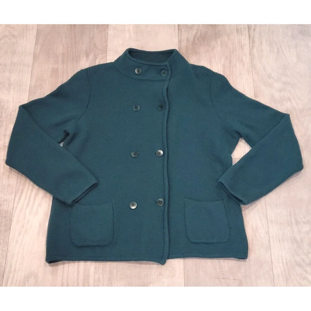 TALBOTS Lambswool Blend Green Button Sweater Jacket Cardigan Size L Pockets